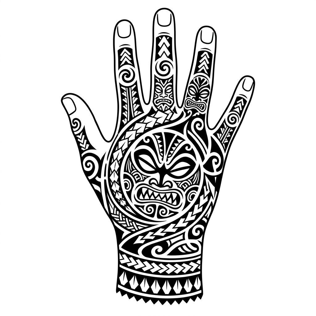 idée tatouage main homme tribal polynésien, design sur fond blanc