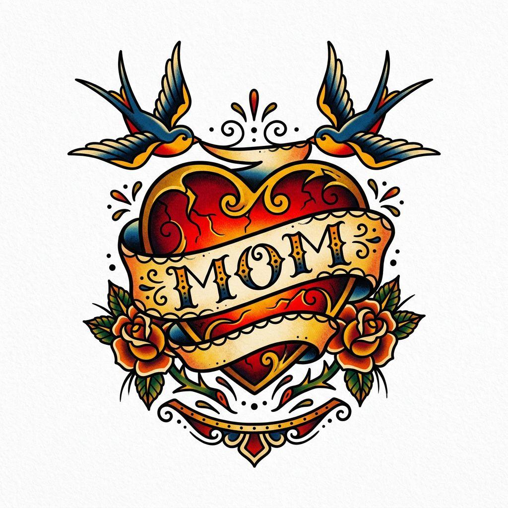 idée tatouage maman cœur old school 'mom', design sur fond blanc