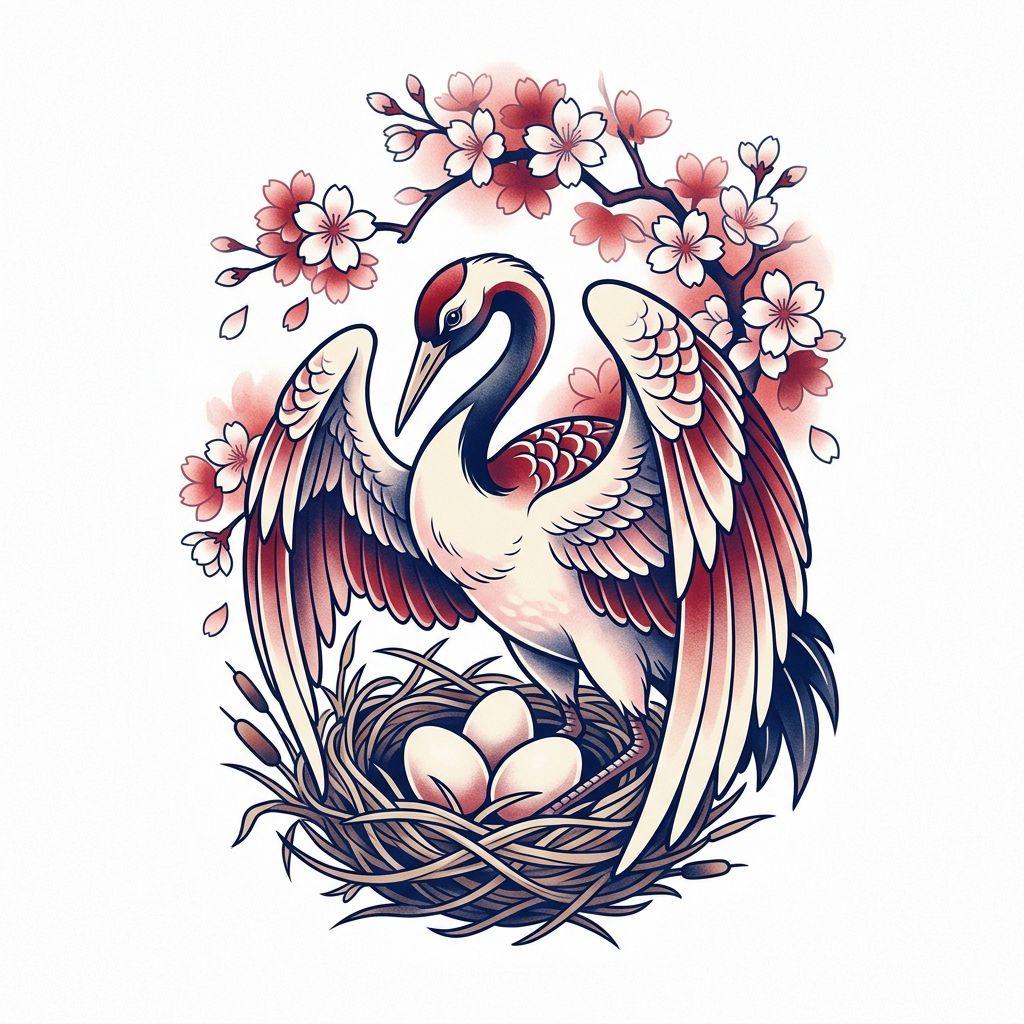 idée tatouage maman grue japonaise protectrice, design sur fond blanc