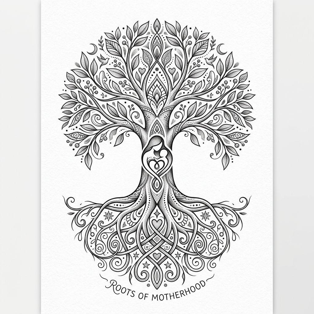 idée tatouage maman arbre de vie spirituel, design sur fond blanc