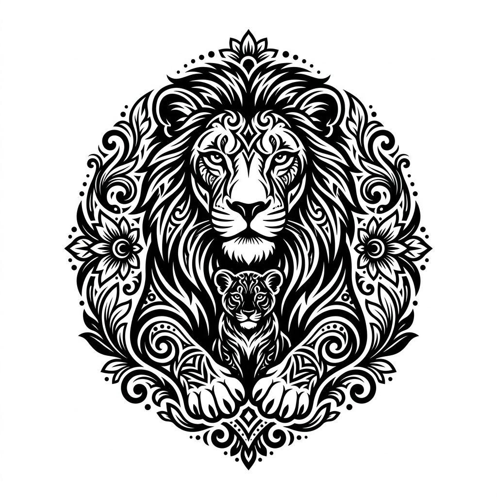 idée tatouage maman lionne protectrice, design sur fond blanc
