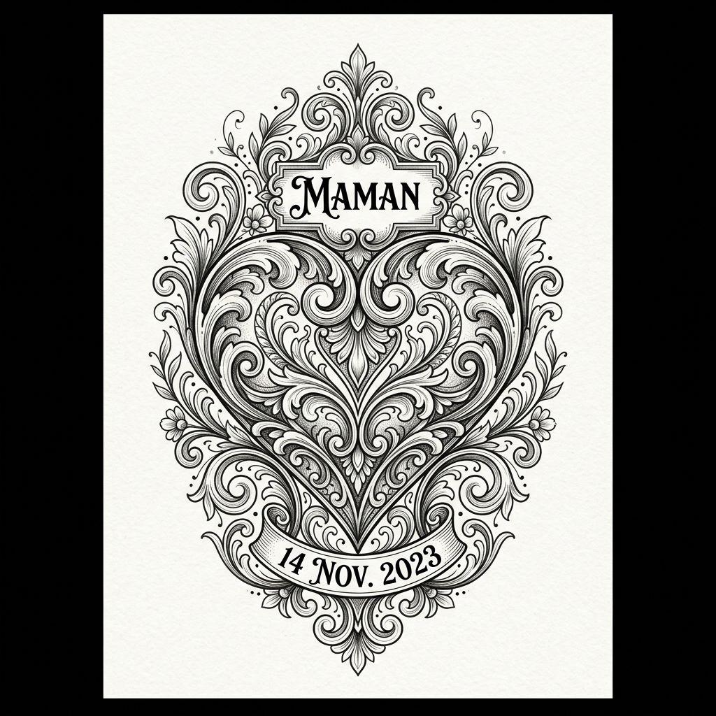 idée tatouage maman cœur ornemental 'maman', design sur fond blanc