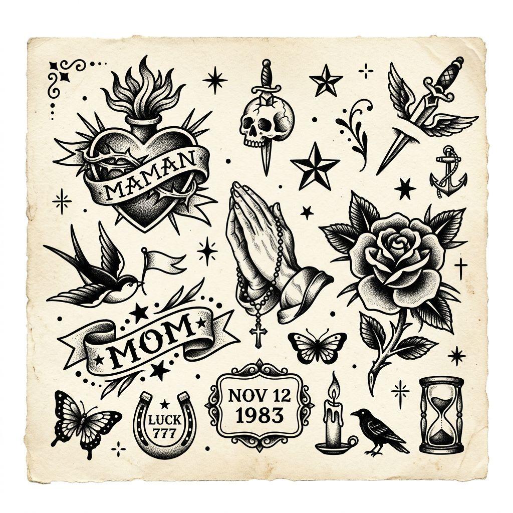 idée tatouage maman patchwork hommage flash, design sur fond blanc
