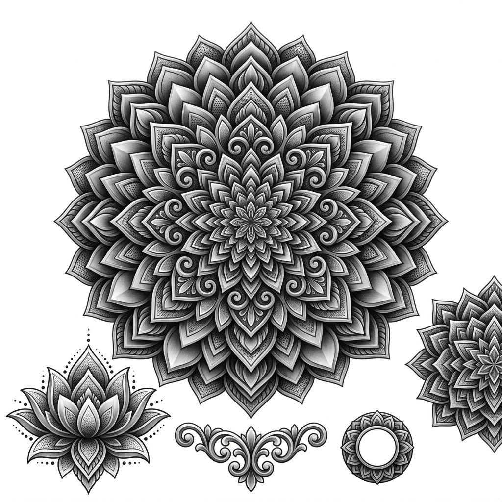 idée tatouage mandala mandala micro-réaliste, design sur fond blanc
