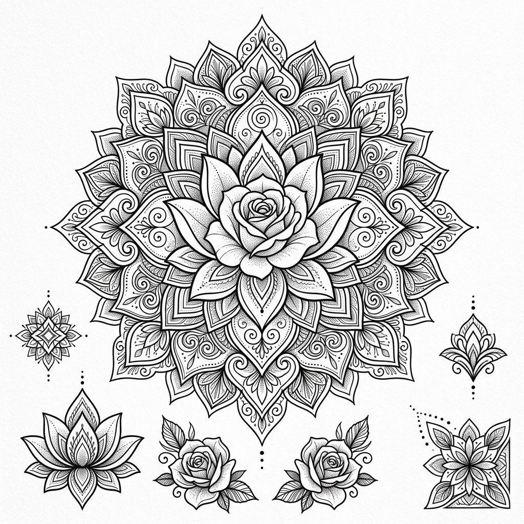 idée tatouage mandala mandala et fleur, design sur fond blanc
