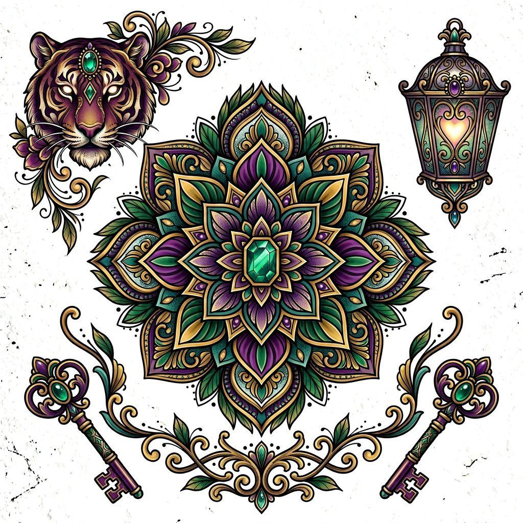 idée tatouage mandala mandala néo-traditionnel, design sur fond blanc