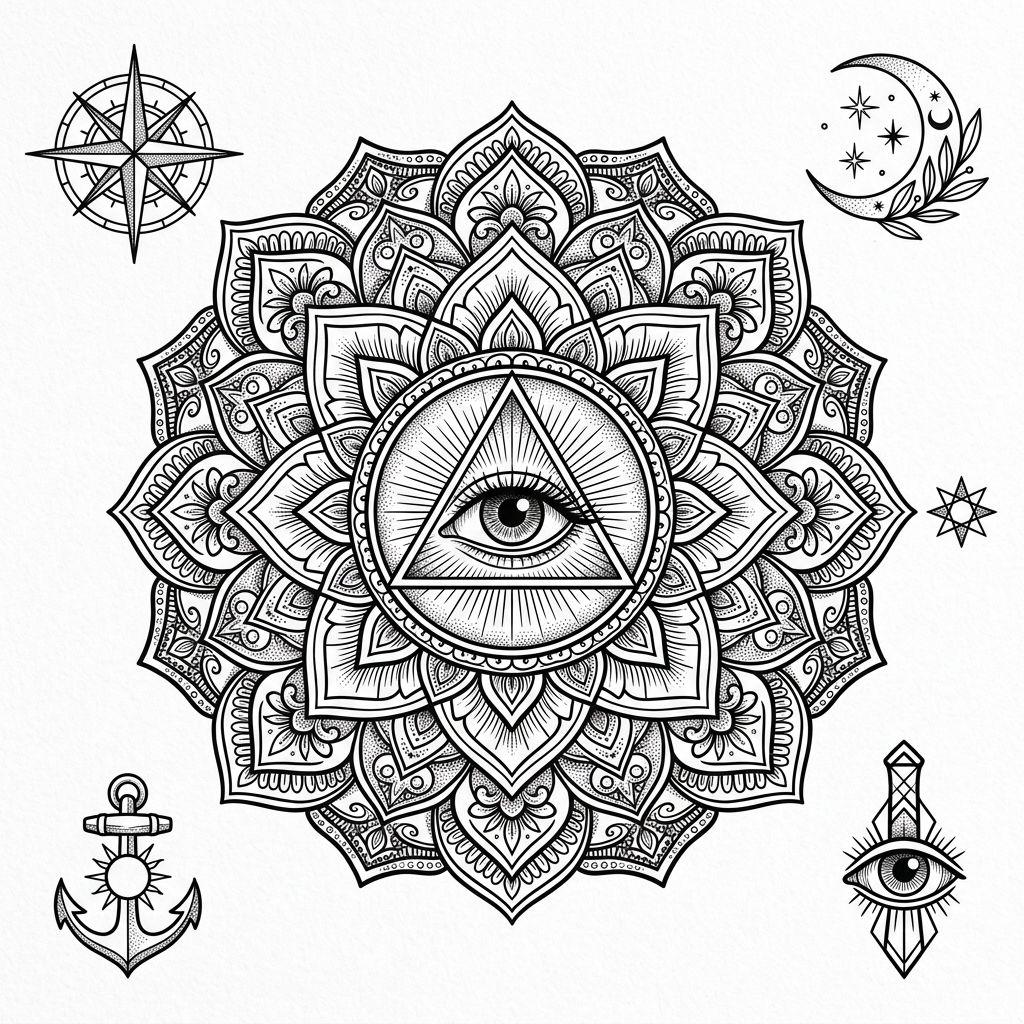 idée tatouage mandala mandala et œil, design sur fond blanc