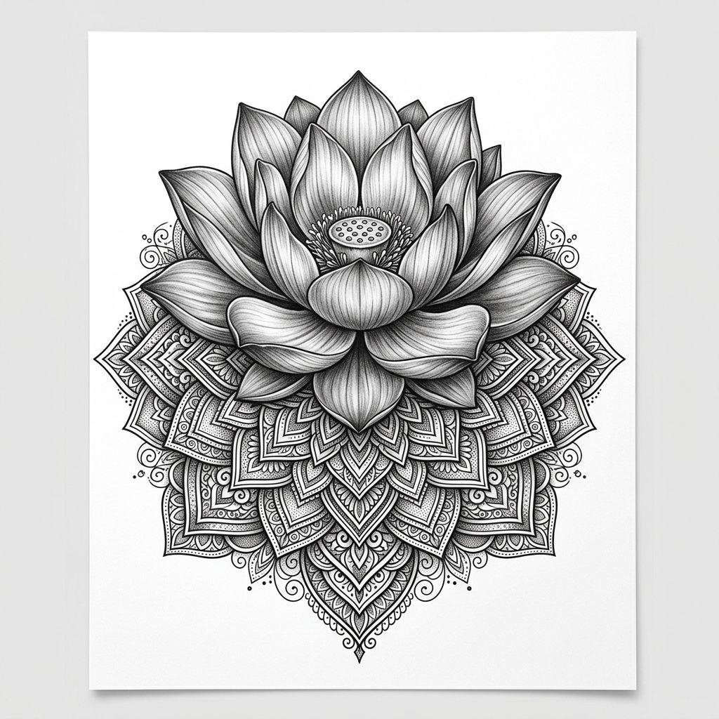 idée tatouage mandala mandala lotus réaliste, design sur fond blanc