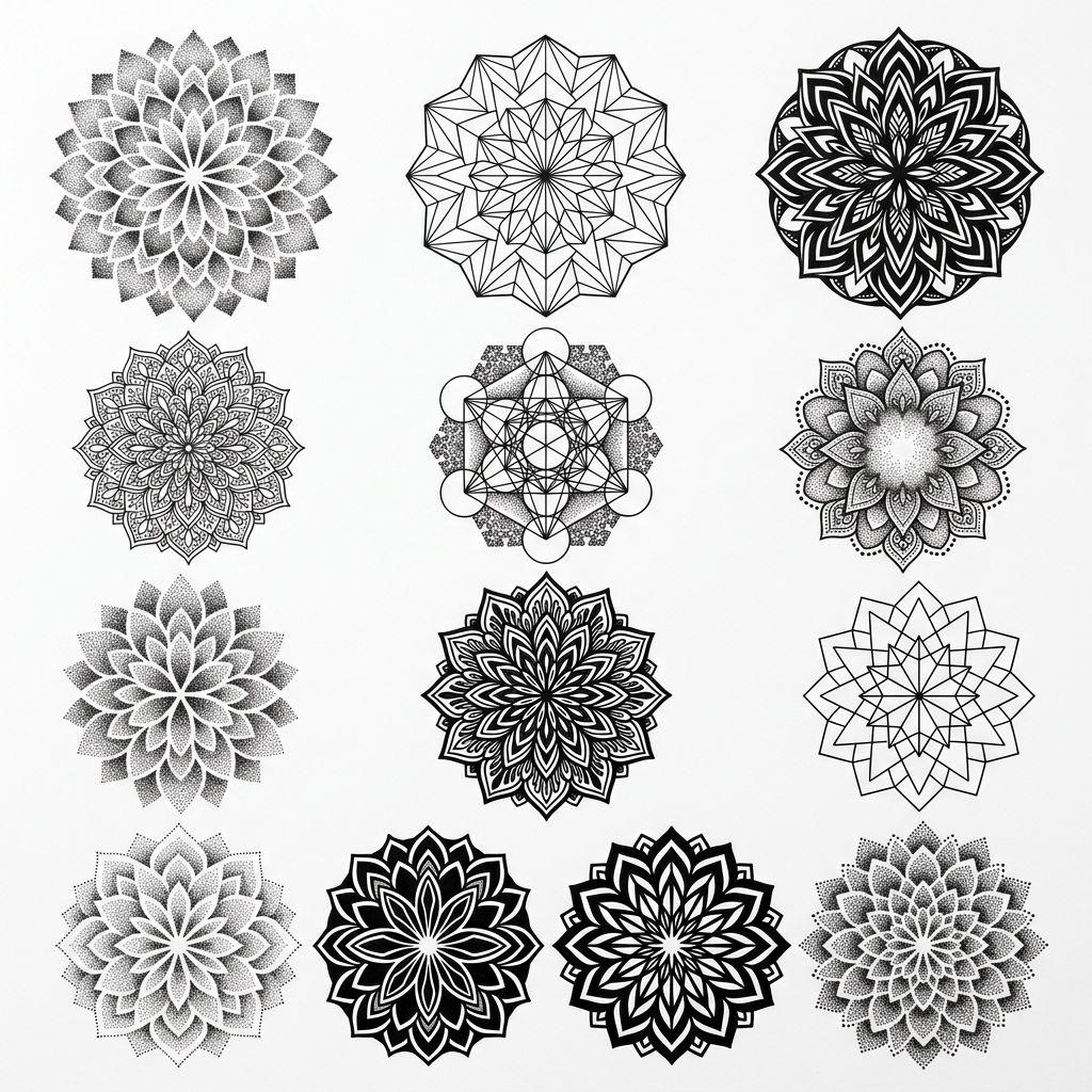 idée tatouage mandala mandala patchwork, design sur fond blanc