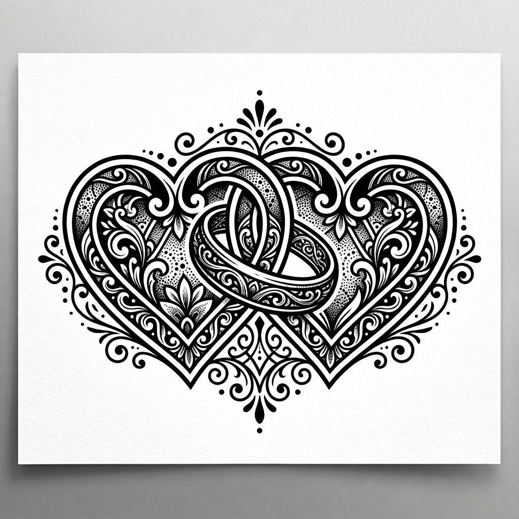 idée tatouage mariage coeur entrelace blackwork, design sur fond blanc