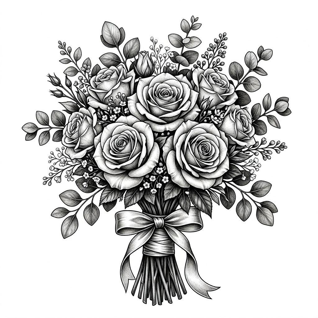 idée tatouage mariage bouquet realiste mariee, design sur fond blanc