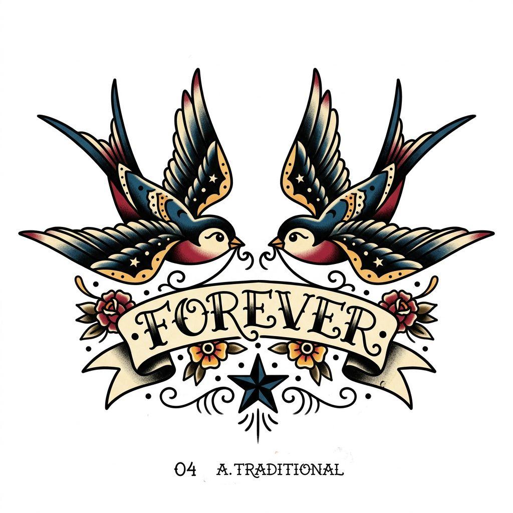 idée tatouage mariage hirondelles old school nuptiales, design sur fond blanc