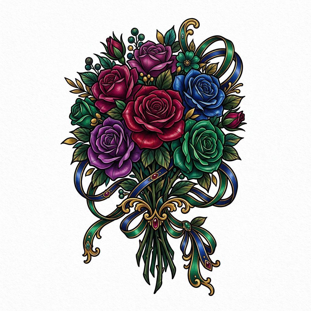 idée tatouage mariage roses nuptiales néo-traditionnelles, design sur fond blanc