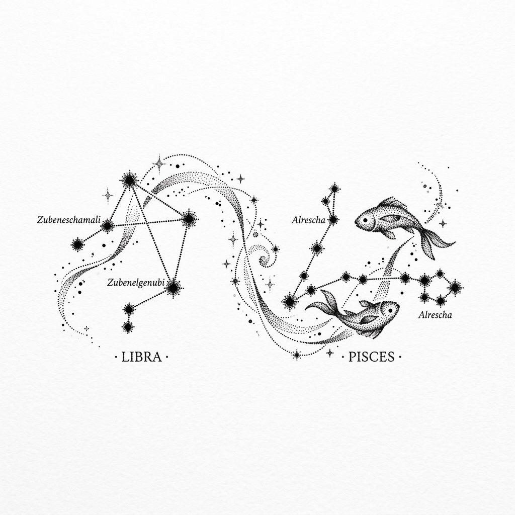 idée tatouage mariage constellation noces dotwork, design sur fond blanc