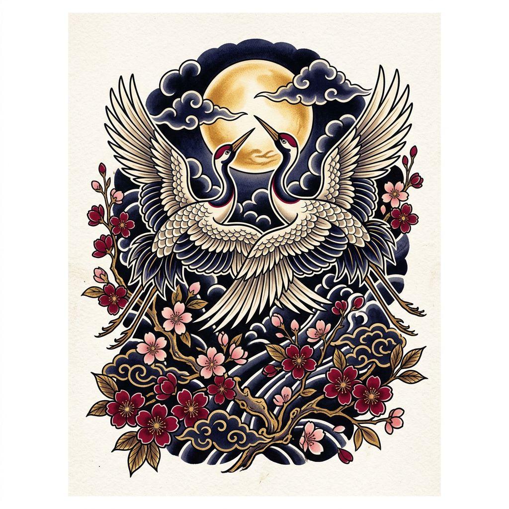 idée tatouage mariage grues noces japonaises, design sur fond blanc