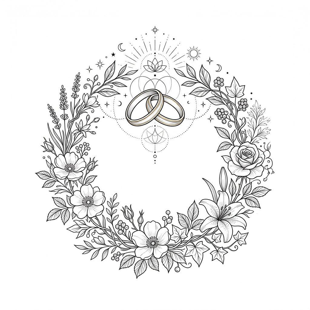 idée tatouage mariage couronne nuptiale spirituelle, design sur fond blanc