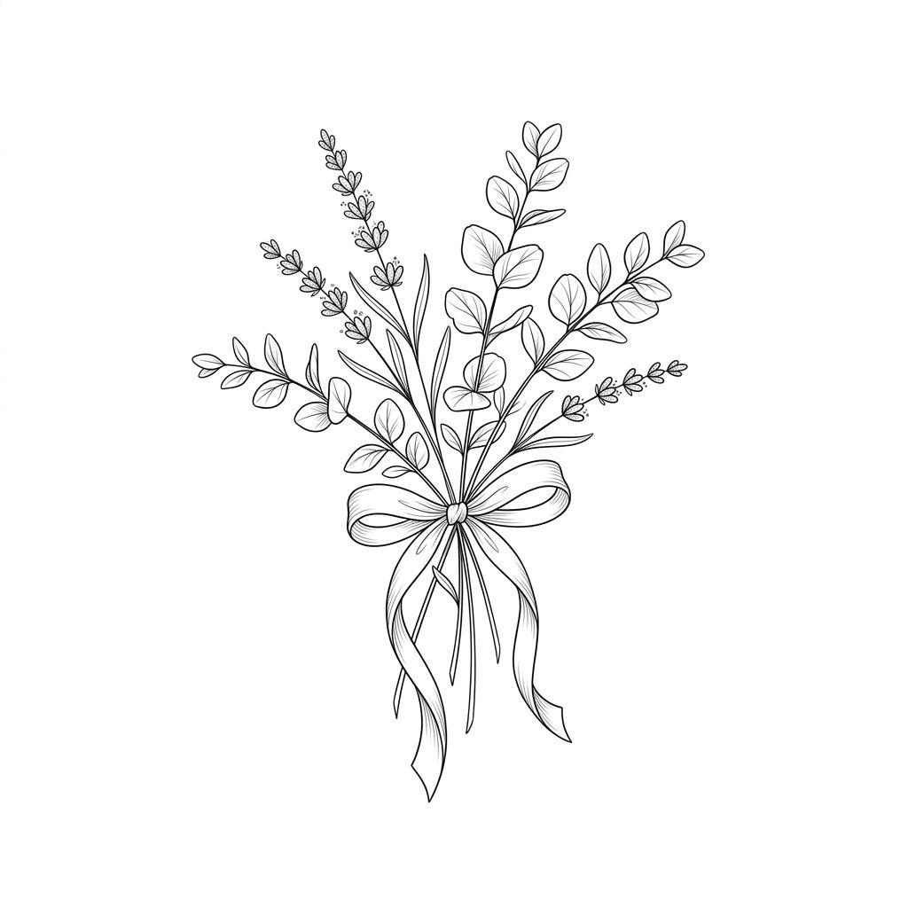 idée tatouage mariage bouquet eucalyptus floral, design sur fond blanc