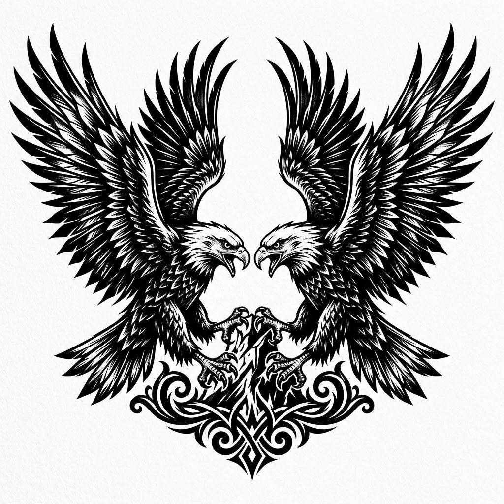 idée tatouage mariage aigles couples blackwork, design sur fond blanc