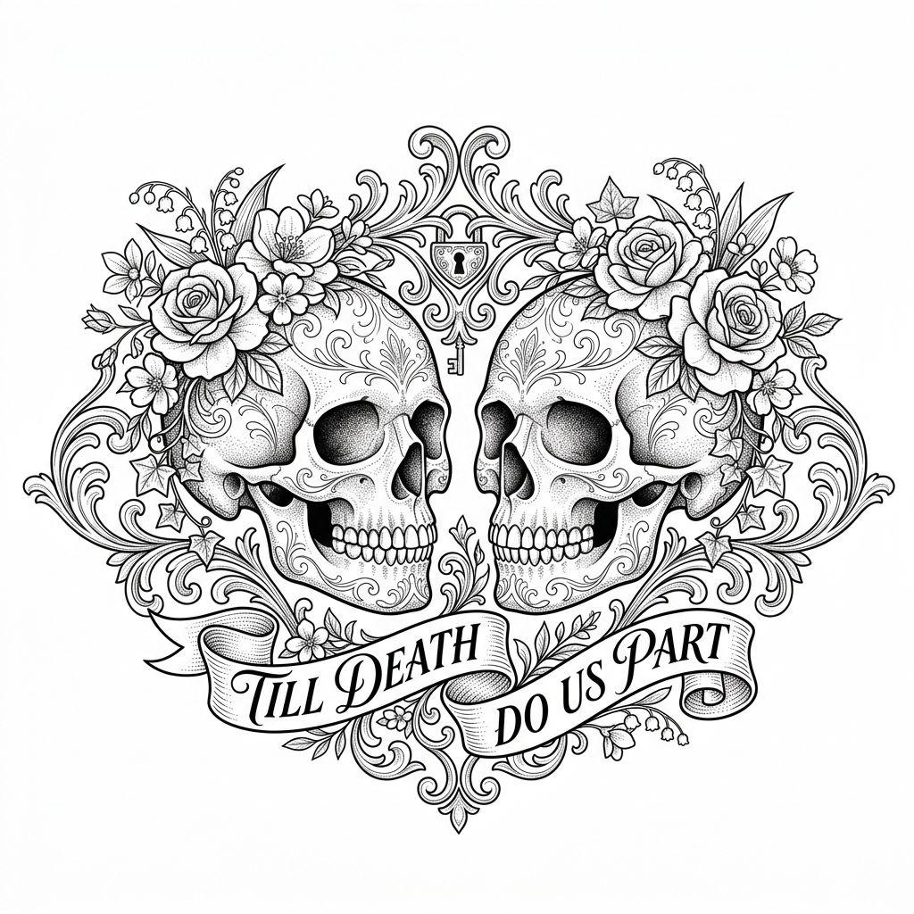 idée tatouage mariage crane couronne nuptial, design sur fond blanc