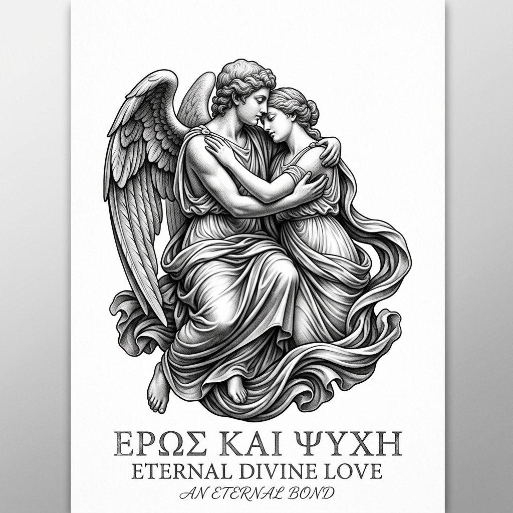 idée tatouage mariage eros et psyche mythologique, design sur fond blanc
