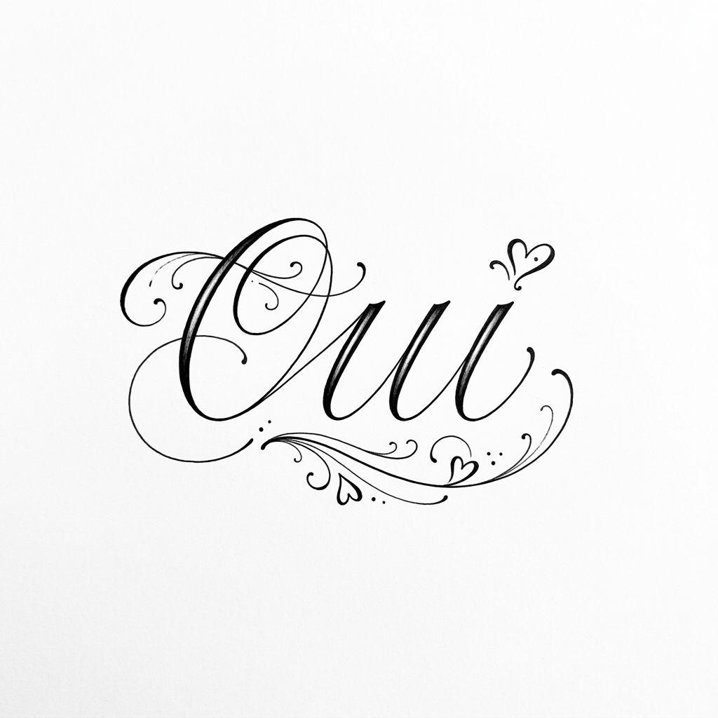 idée tatouage mariage lettrage 'oui' cursive, design sur fond blanc