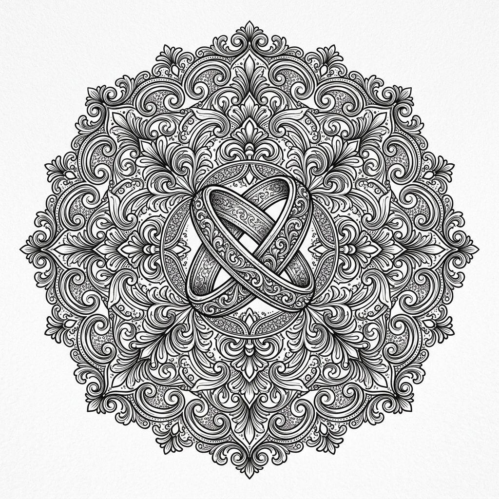 idée tatouage mariage mandala nuptial ornemental, design sur fond blanc