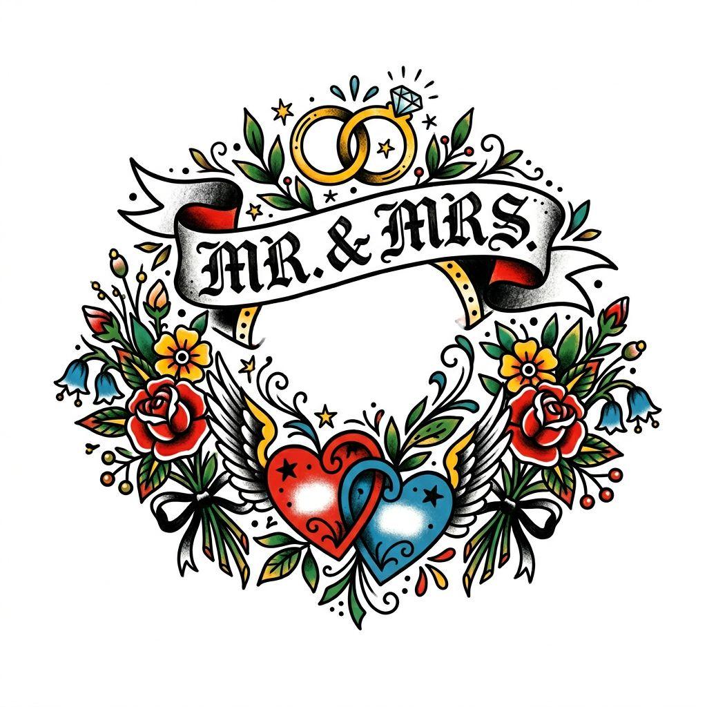 idée tatouage mariage patchwork nuptial vintage, design sur fond blanc