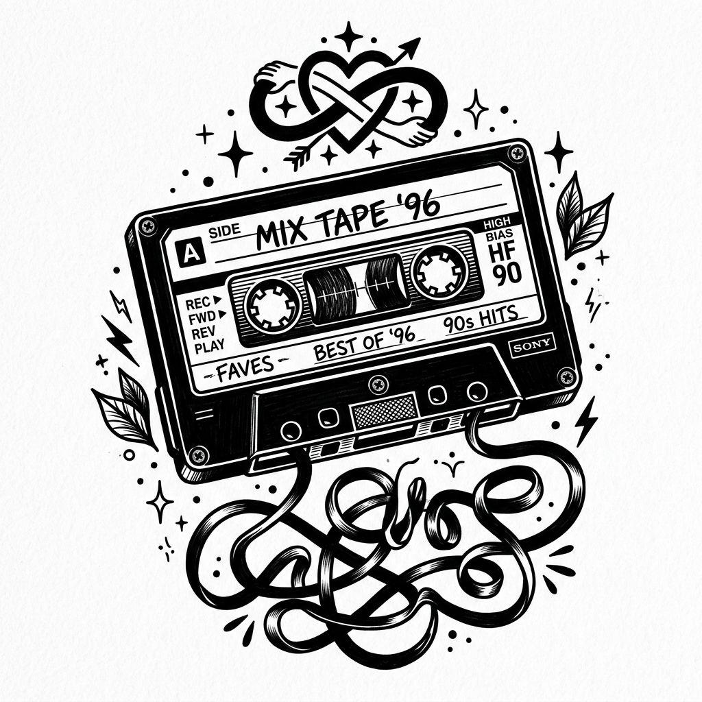 idée tatouage meilleure amie cassette audio blackwork, design sur fond blanc