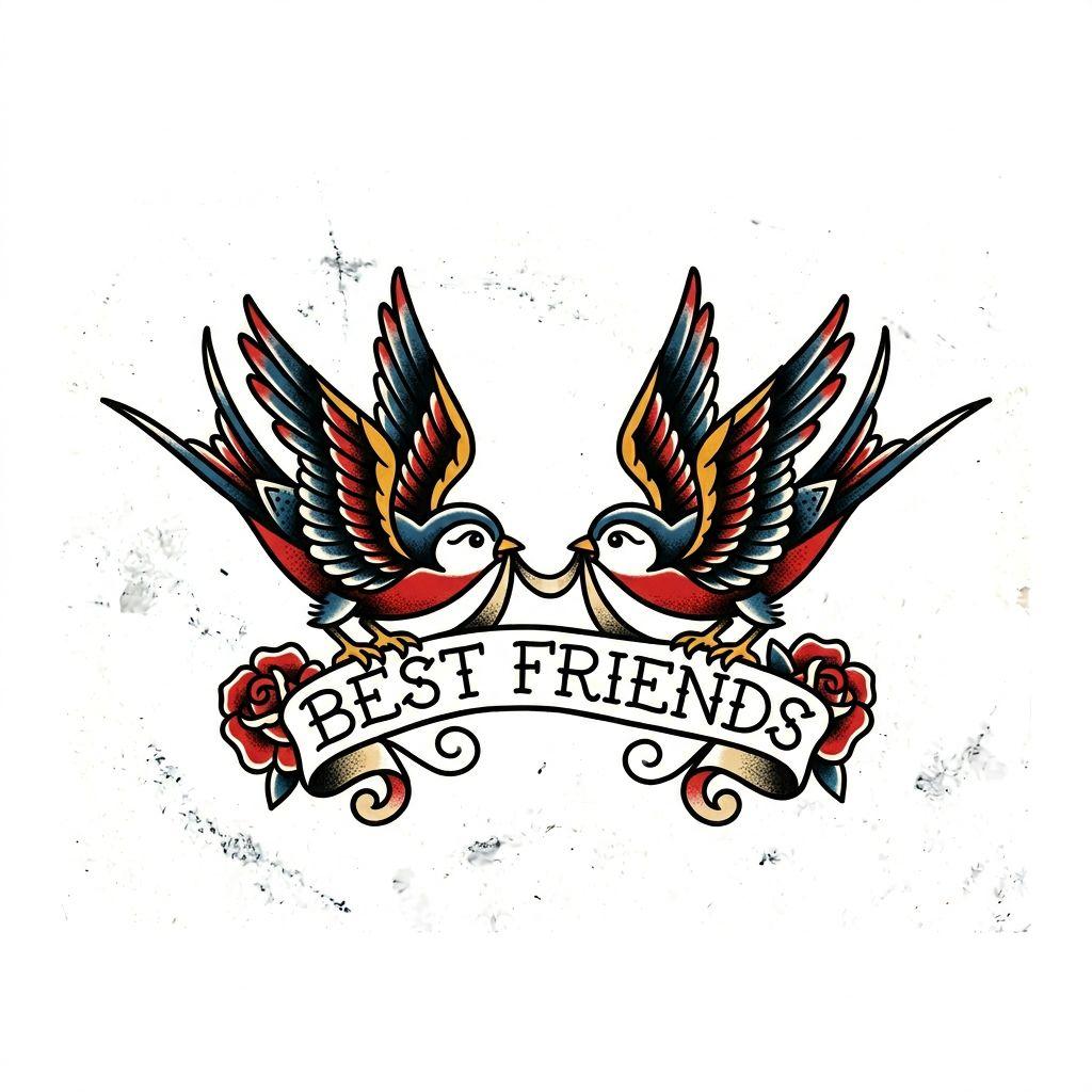 idée tatouage meilleure amie hirondelles bff old school, design sur fond blanc
