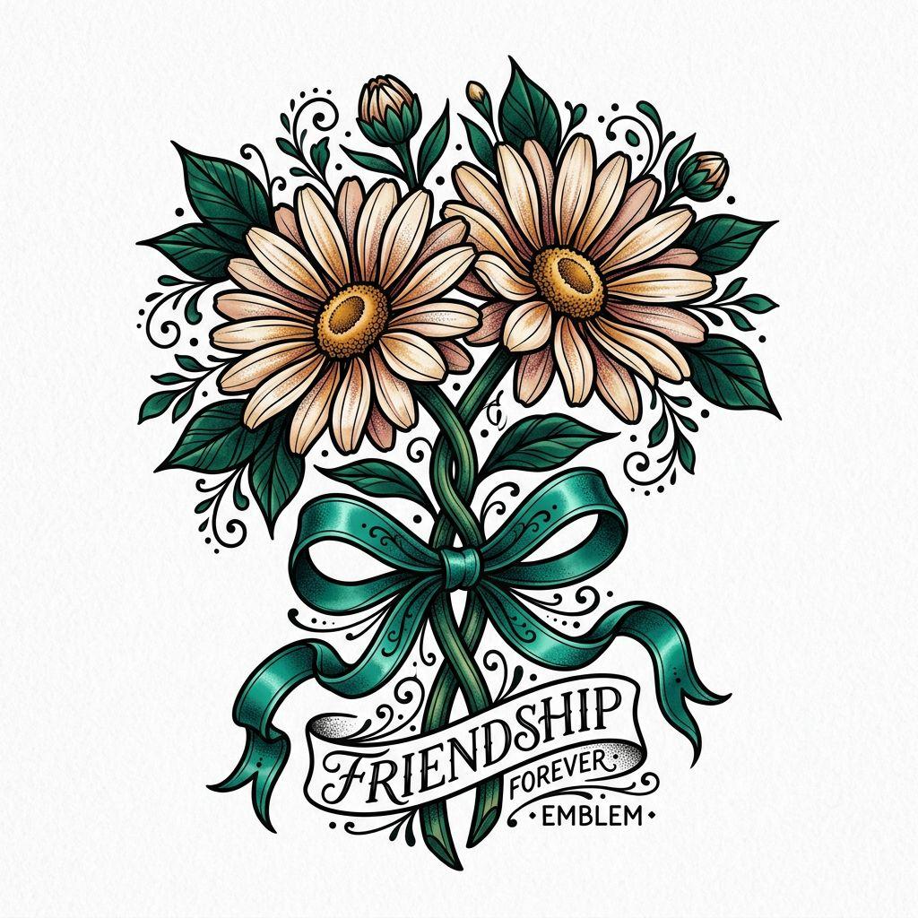 idée tatouage meilleure amie marguerites néo-traditionnelles, design sur fond blanc