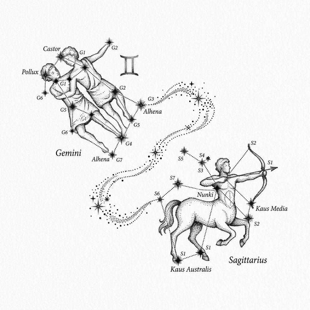 idée tatouage meilleure amie constellations dotwork bff, design sur fond blanc