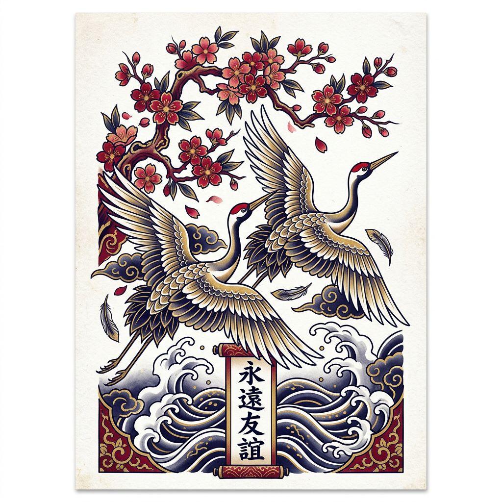 idée tatouage meilleure amie grues japonaises duo, design sur fond blanc