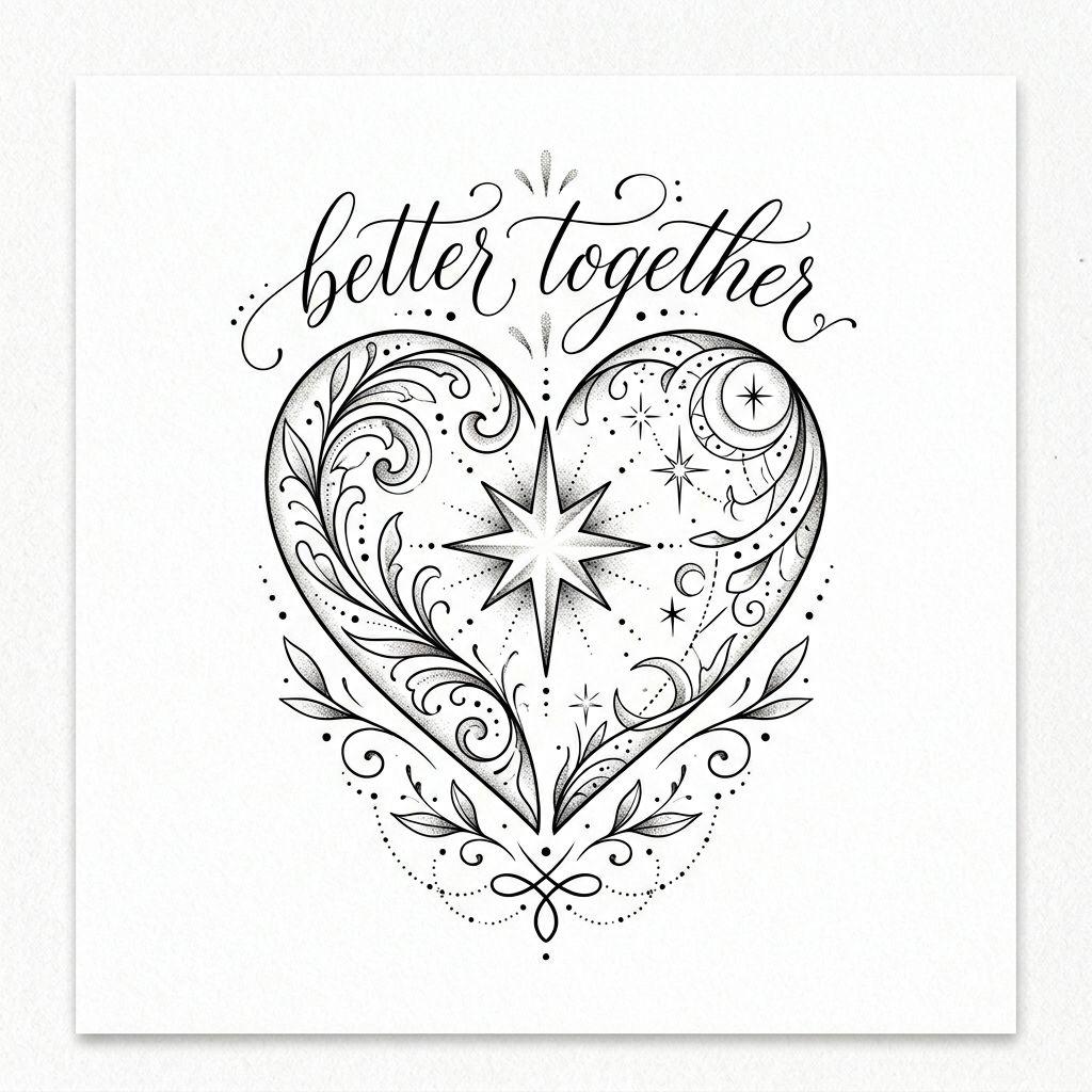 idée tatouage meilleure amie coeur partagé spirituel, design sur fond blanc