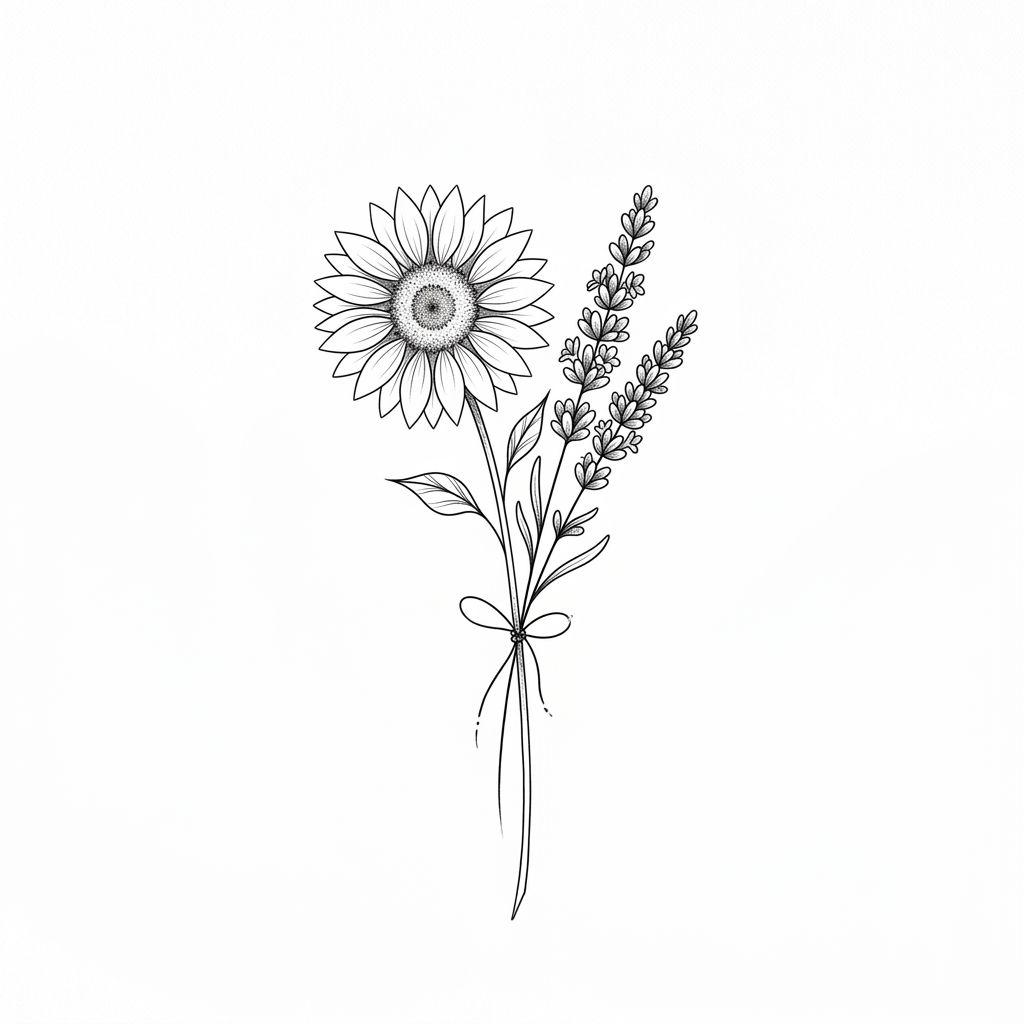 idée tatouage meilleure amie tournesol et lavande floral, design sur fond blanc