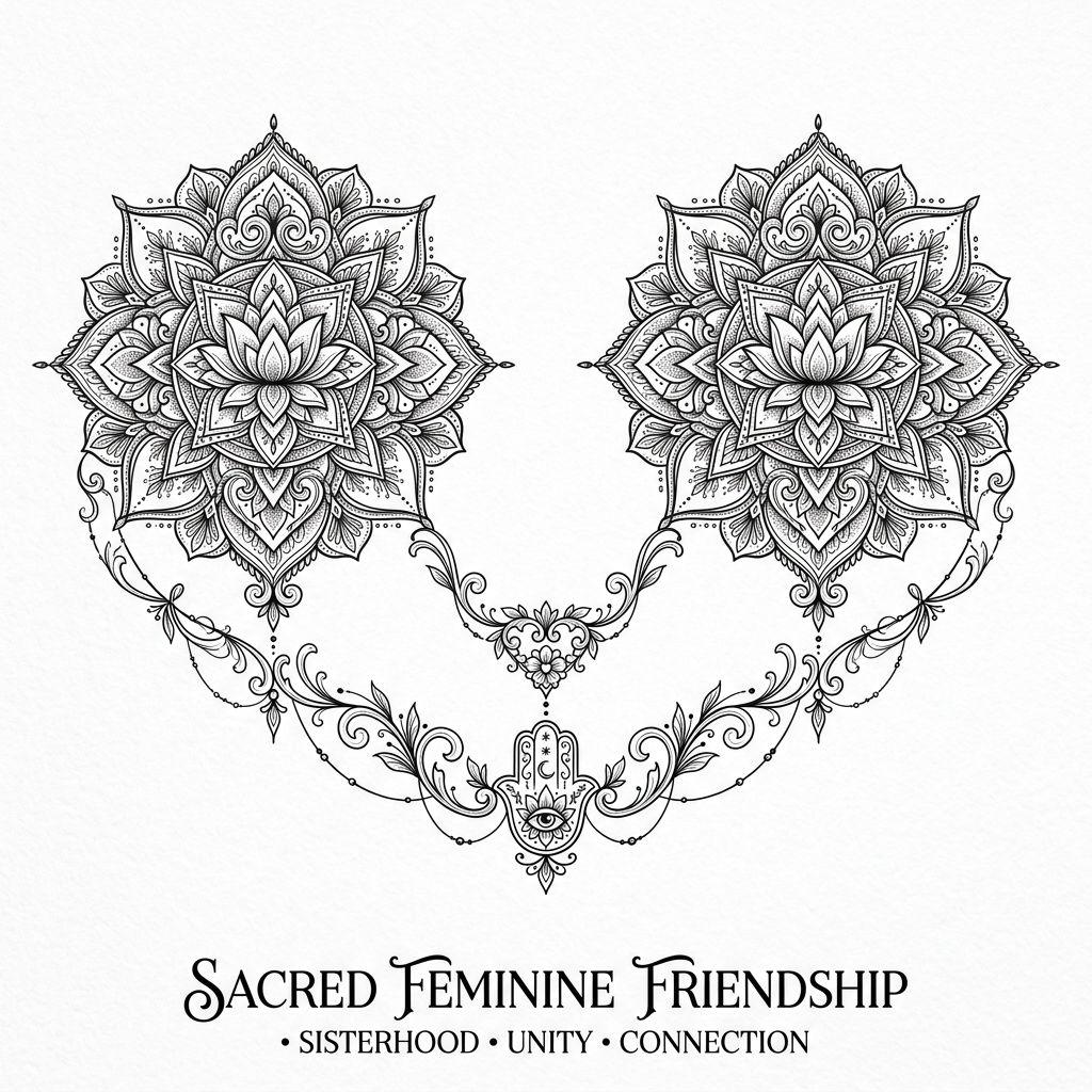 idée tatouage meilleure amie mandalas miroirs ornemental, design sur fond blanc