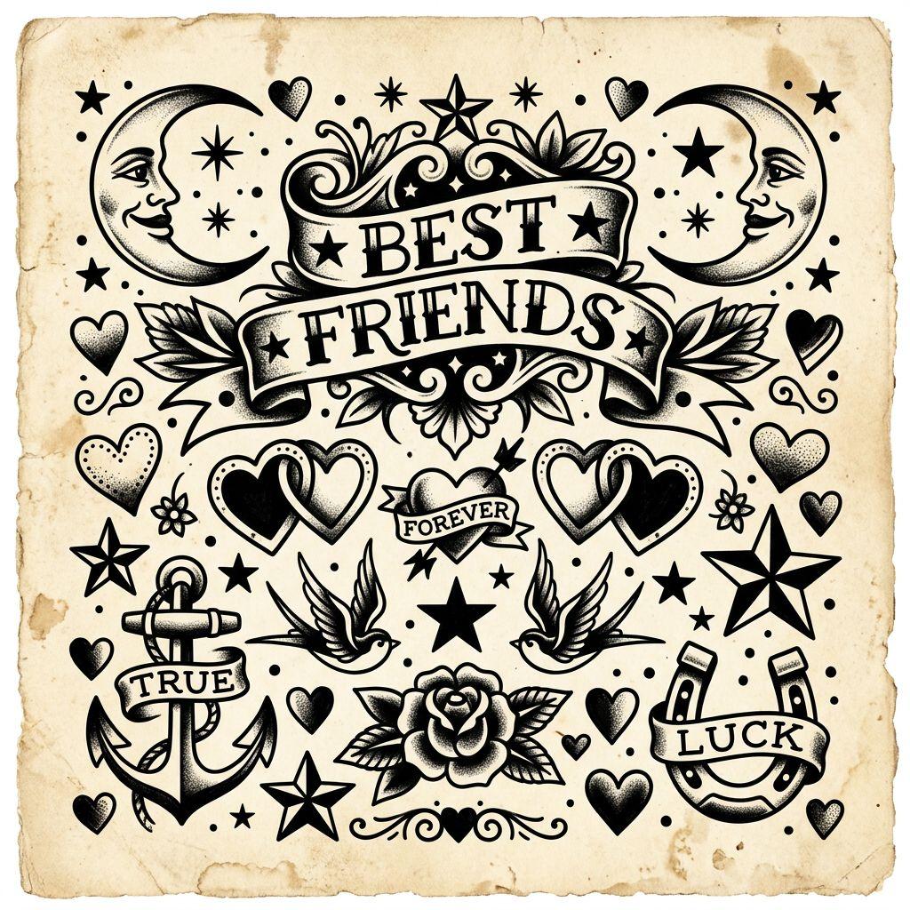 idée tatouage meilleure amie patchwork best friends, design sur fond blanc