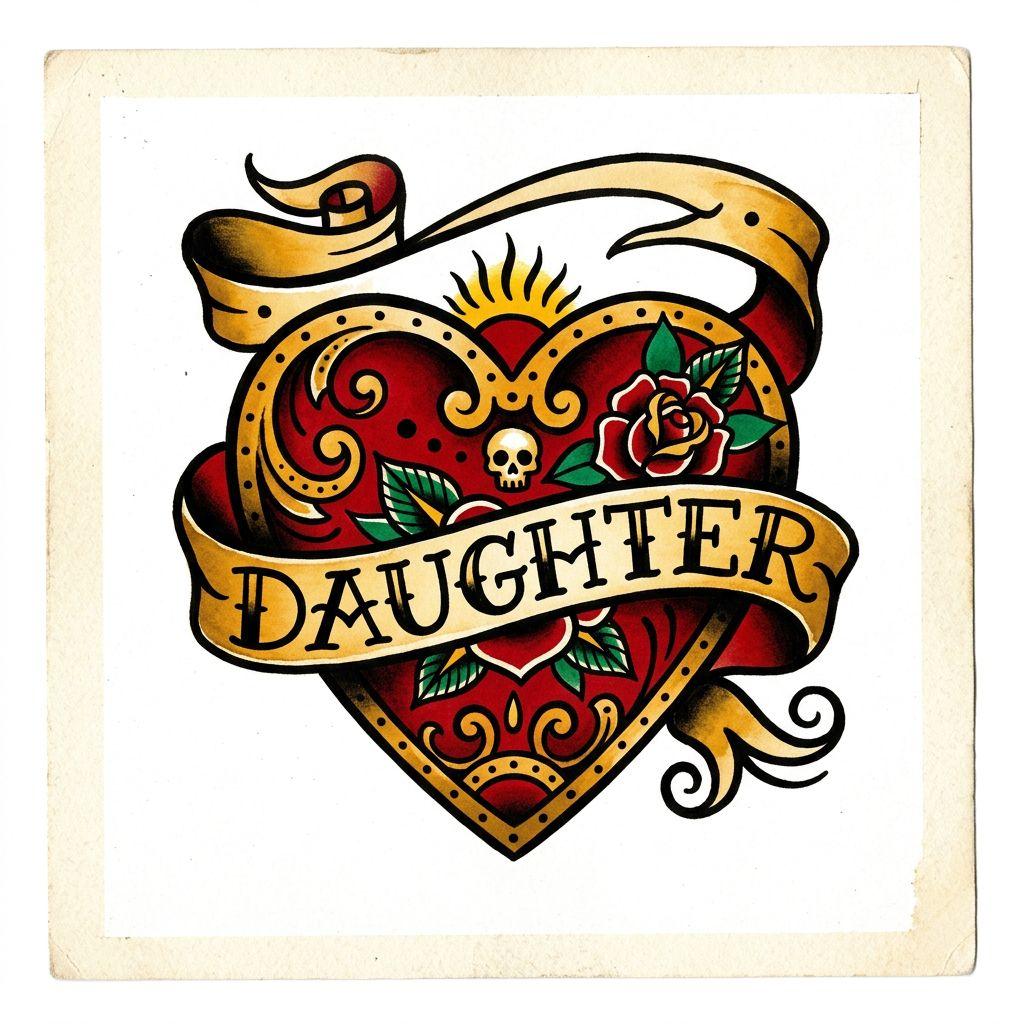 idée tatouage mère et fille cœur old school 'daughter', design sur fond blanc