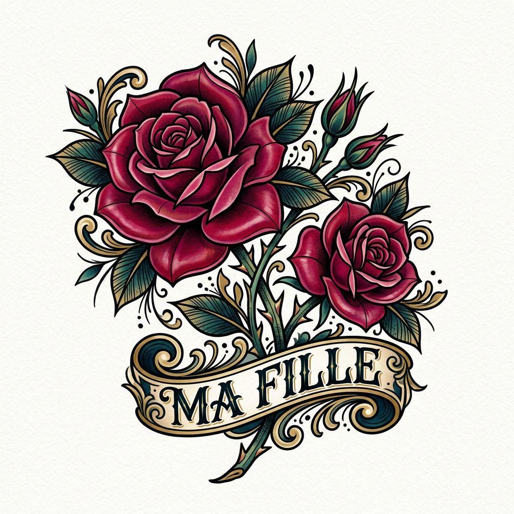 idée tatouage mère et fille roses néo-traditionnelles, design sur fond blanc