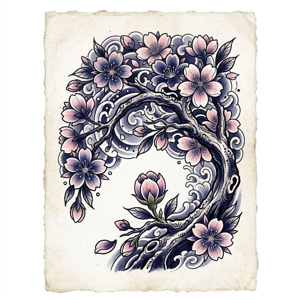 idée tatouage mère et fille fleurs de cerisier mère fille, design sur fond blanc