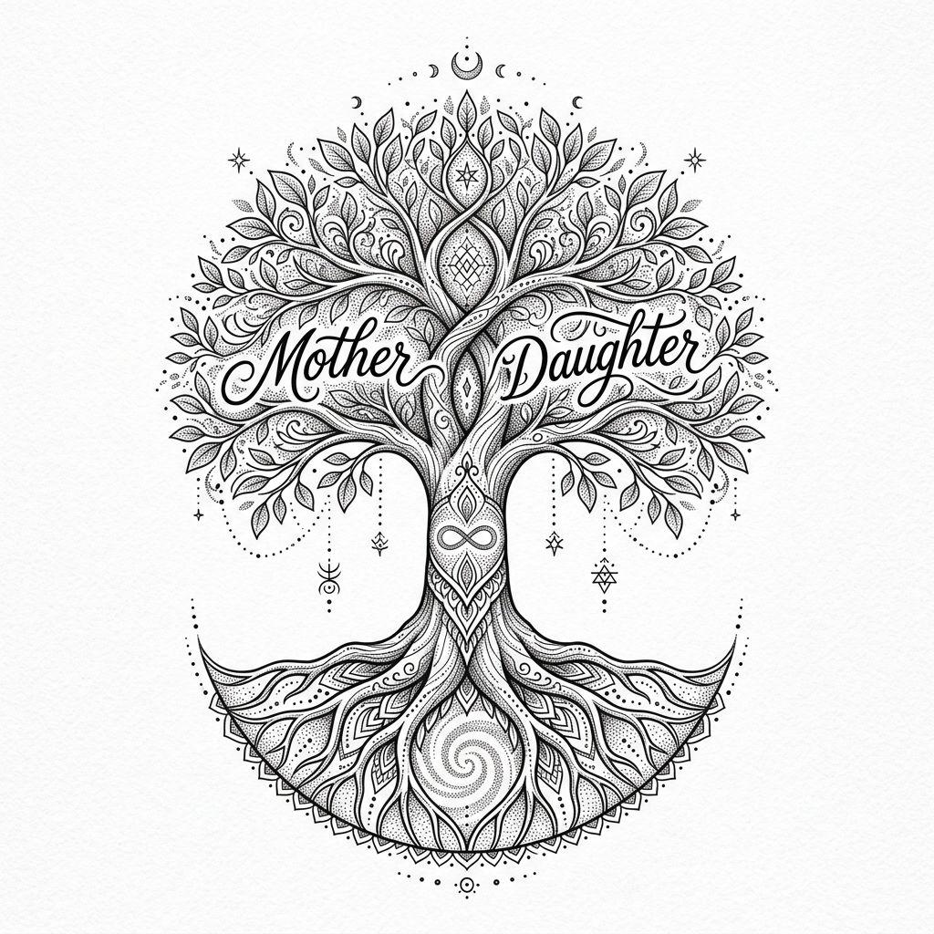 idée tatouage mère et fille arbre de vie spirituel, design sur fond blanc