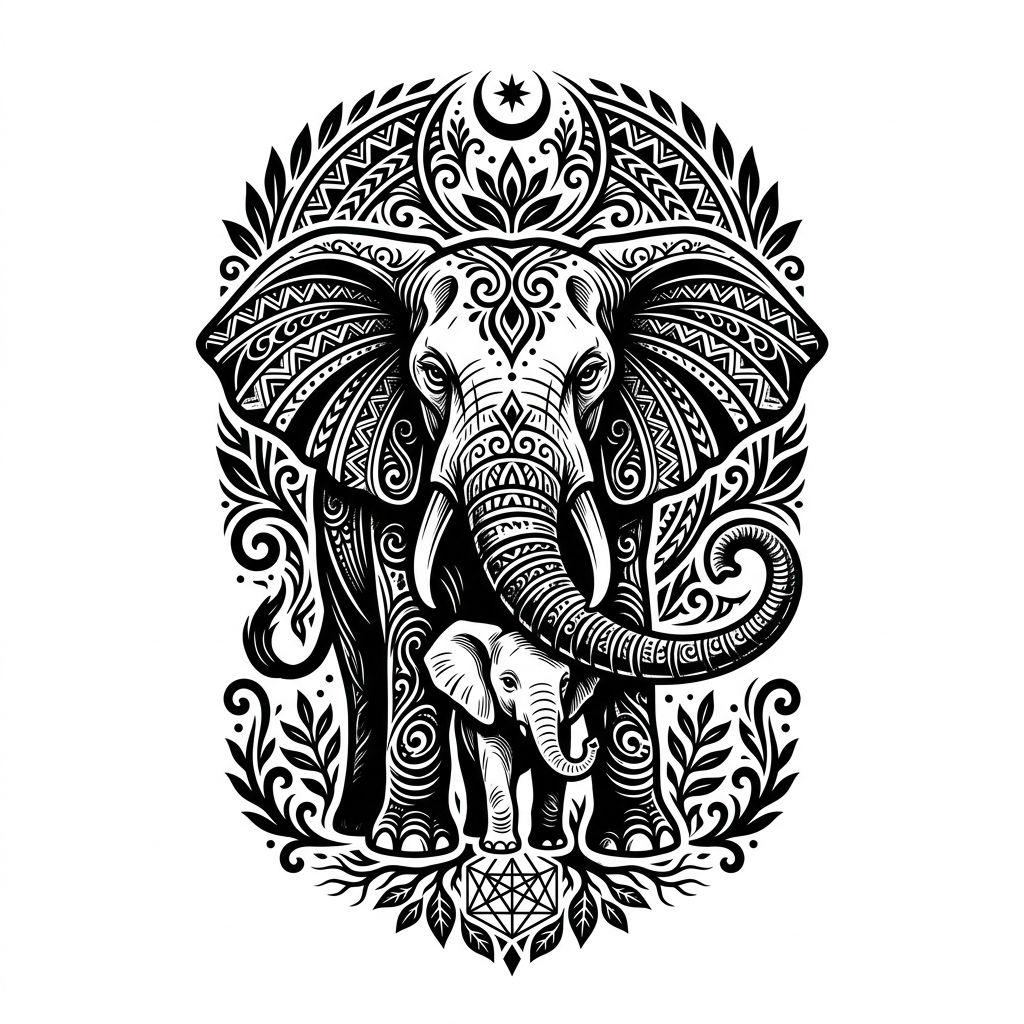 idée tatouage mère et fille éléphante et son petit, design sur fond blanc