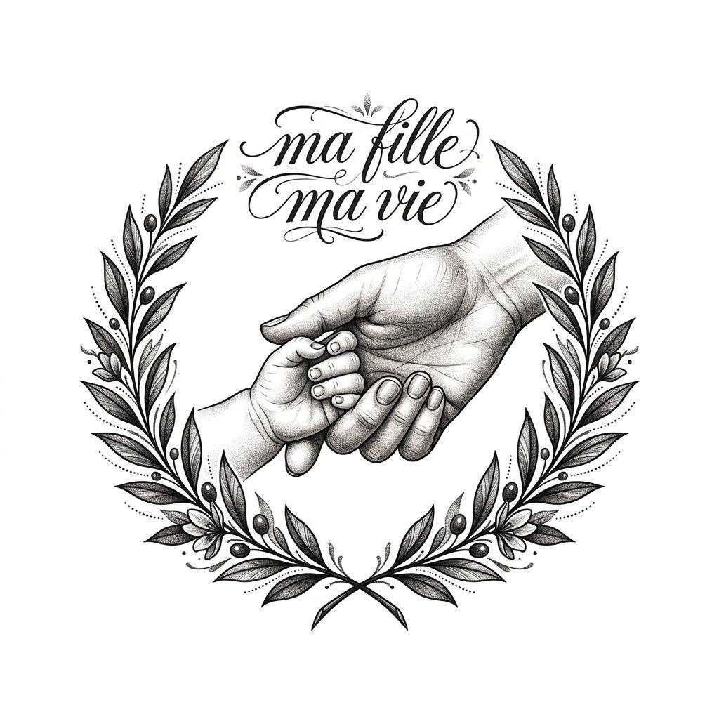 idée tatouage mère et fille mains premium ma fille ma vie, design sur fond blanc