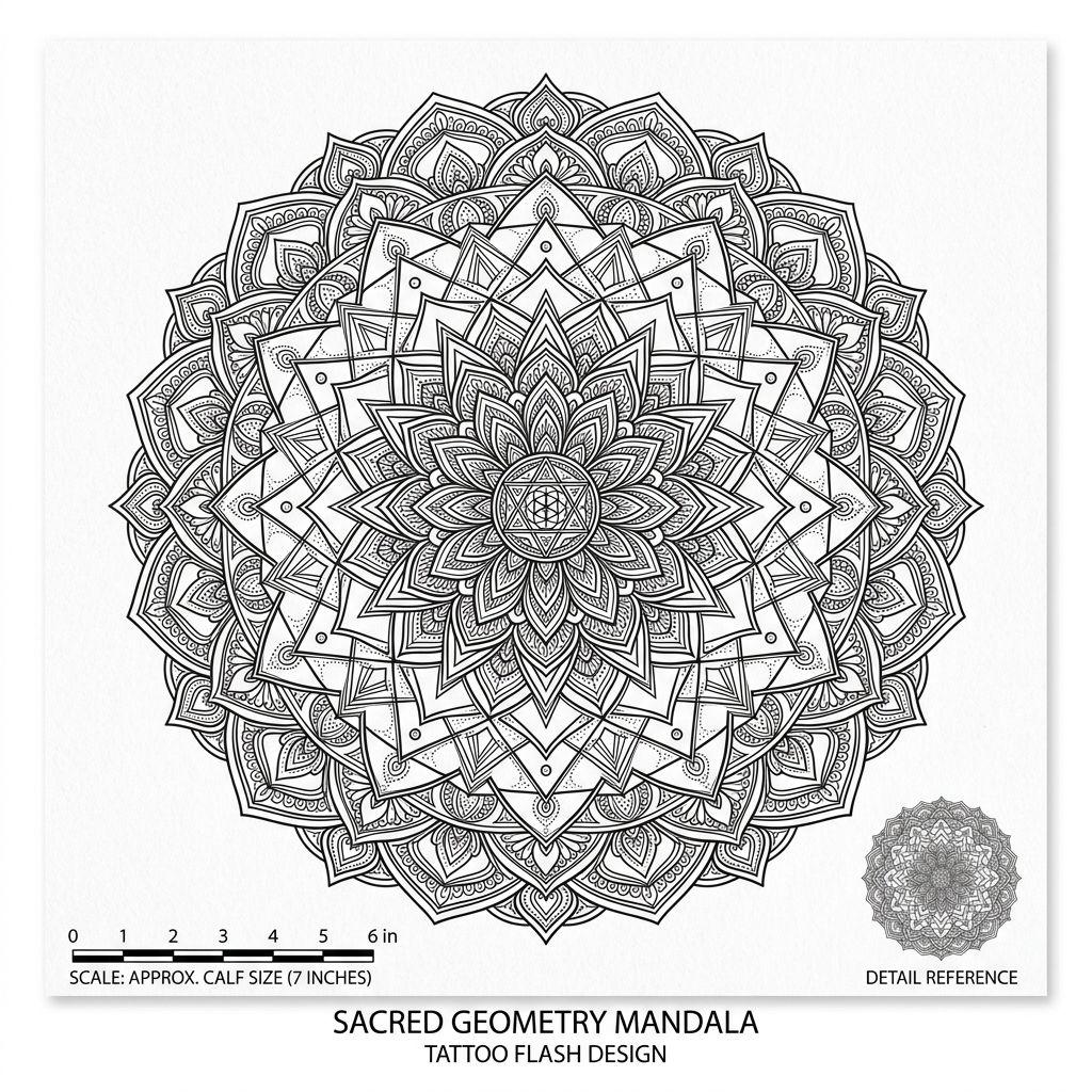 idée tatouage mollet mandala géométrique, design sur fond blanc