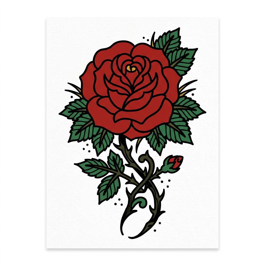 idée tatouage mollet rose old school, design sur fond blanc
