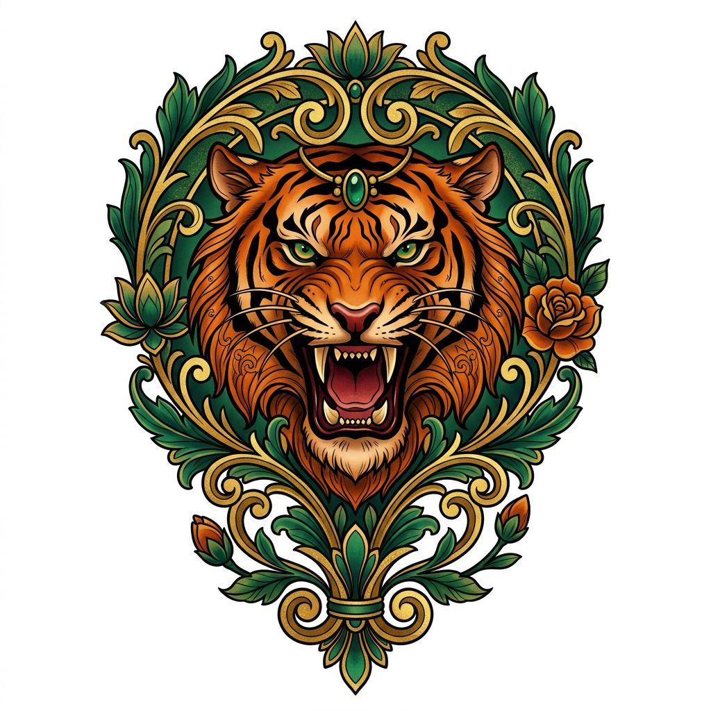 idée tatouage mollet tigre néo-traditionnel, design sur fond blanc