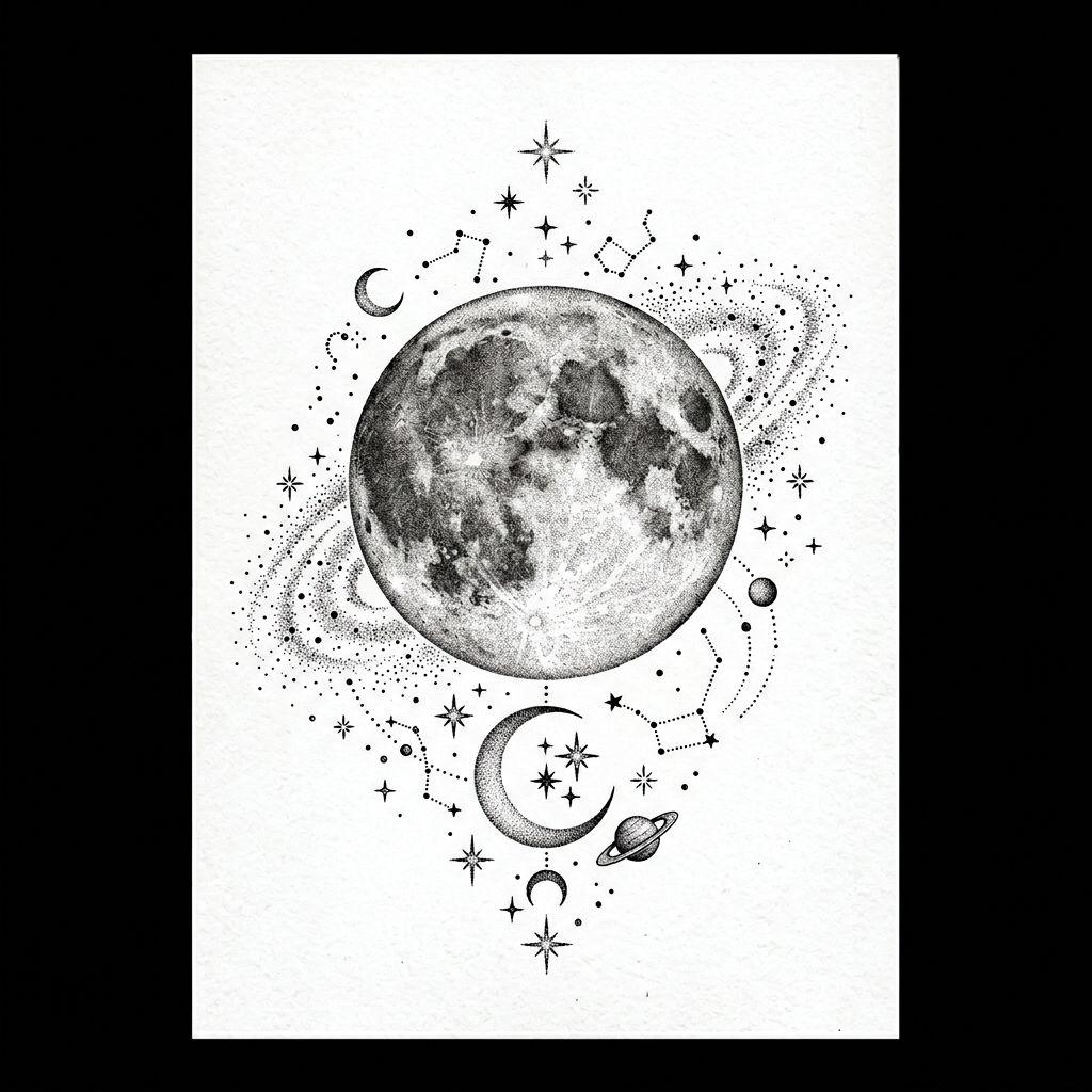 idée tatouage mollet lune dotwork, design sur fond blanc