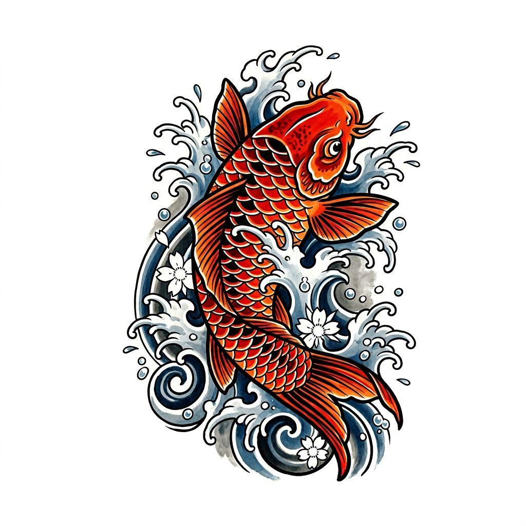 idée tatouage mollet carpe koï japonaise, design sur fond blanc