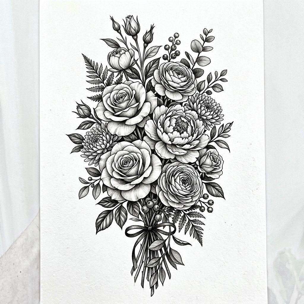 idée tatouage mollet composition florale réaliste, design sur fond blanc