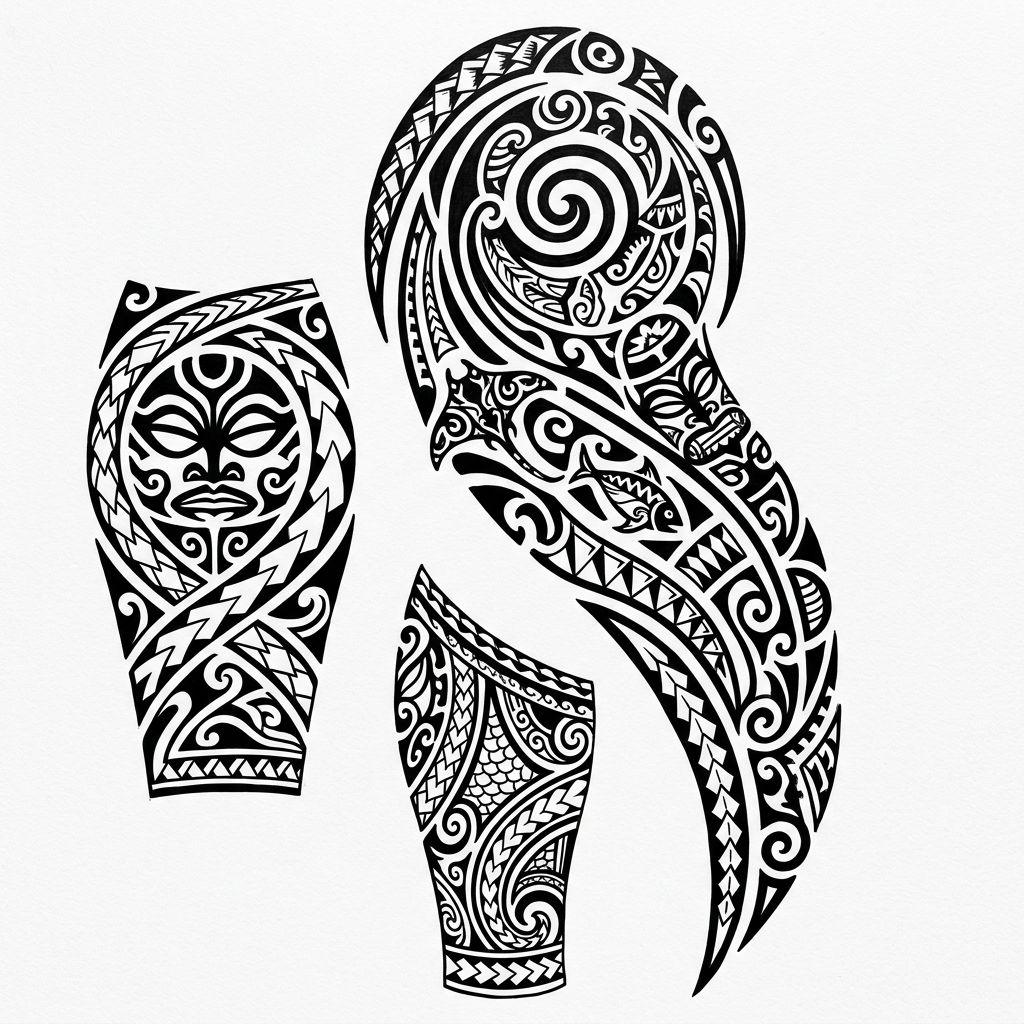 idée tatouage mollet composition tribale, design sur fond blanc
