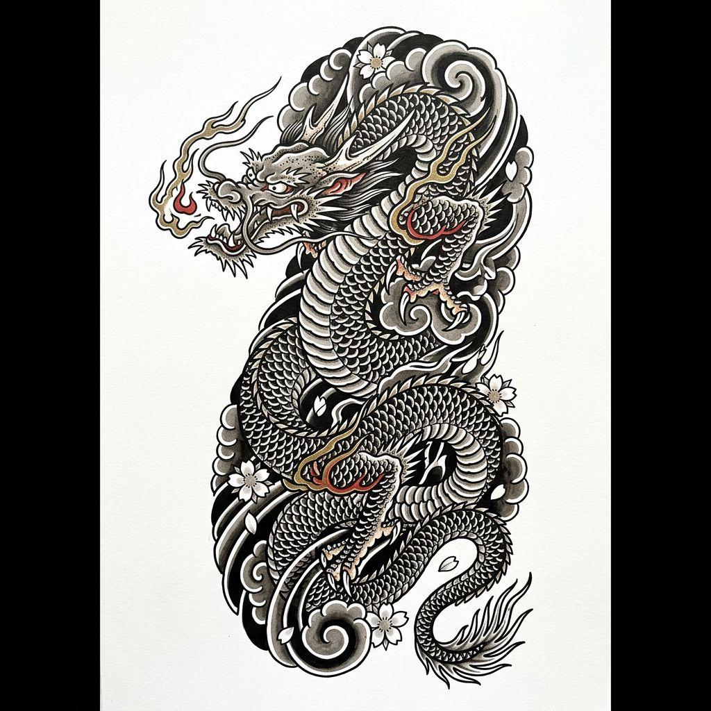 idée tatouage mollet homme dragon japonais, design sur fond blanc
